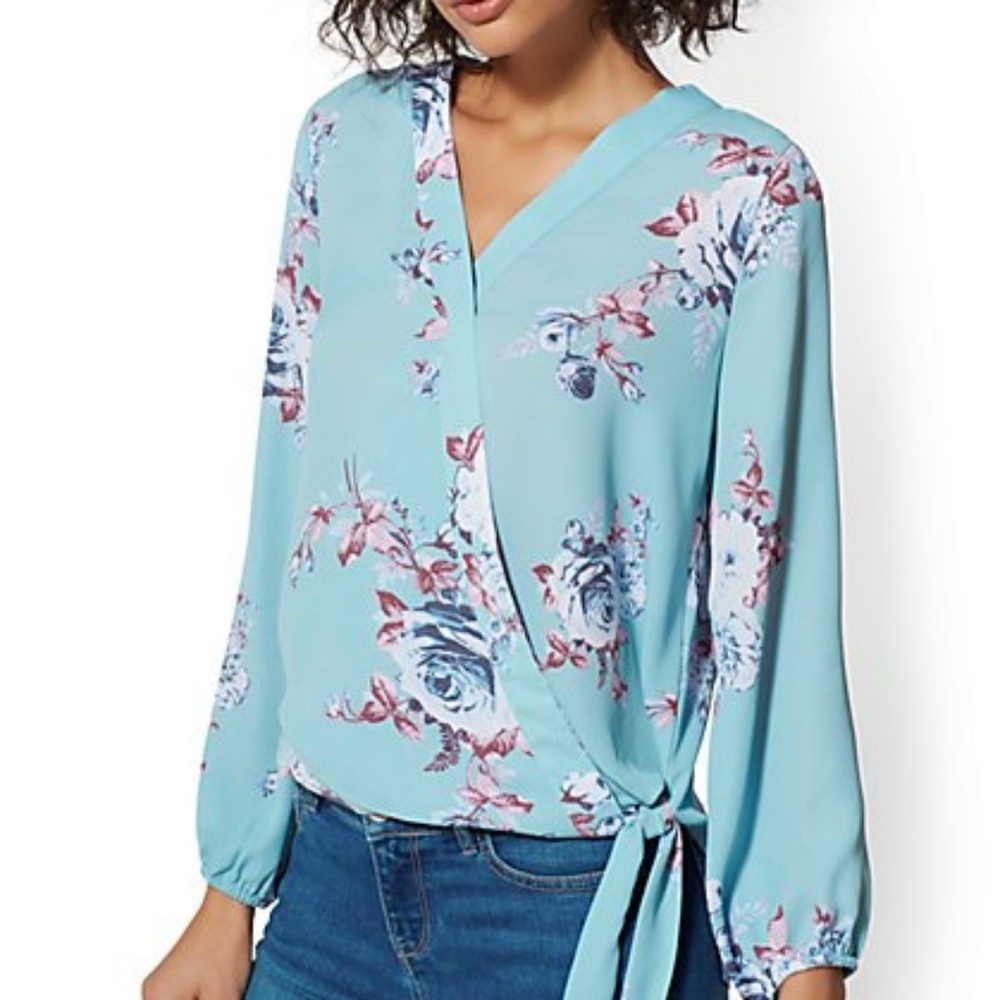 Blue Sheer Faux Wrap Top with Flowers
